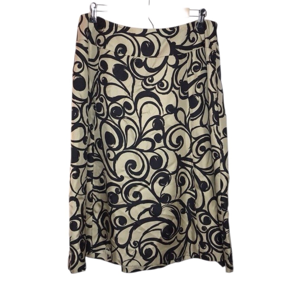 TALBOTS Woman 100% Silk A-Line Flared Skirt Black and Beige Printed Size 14W